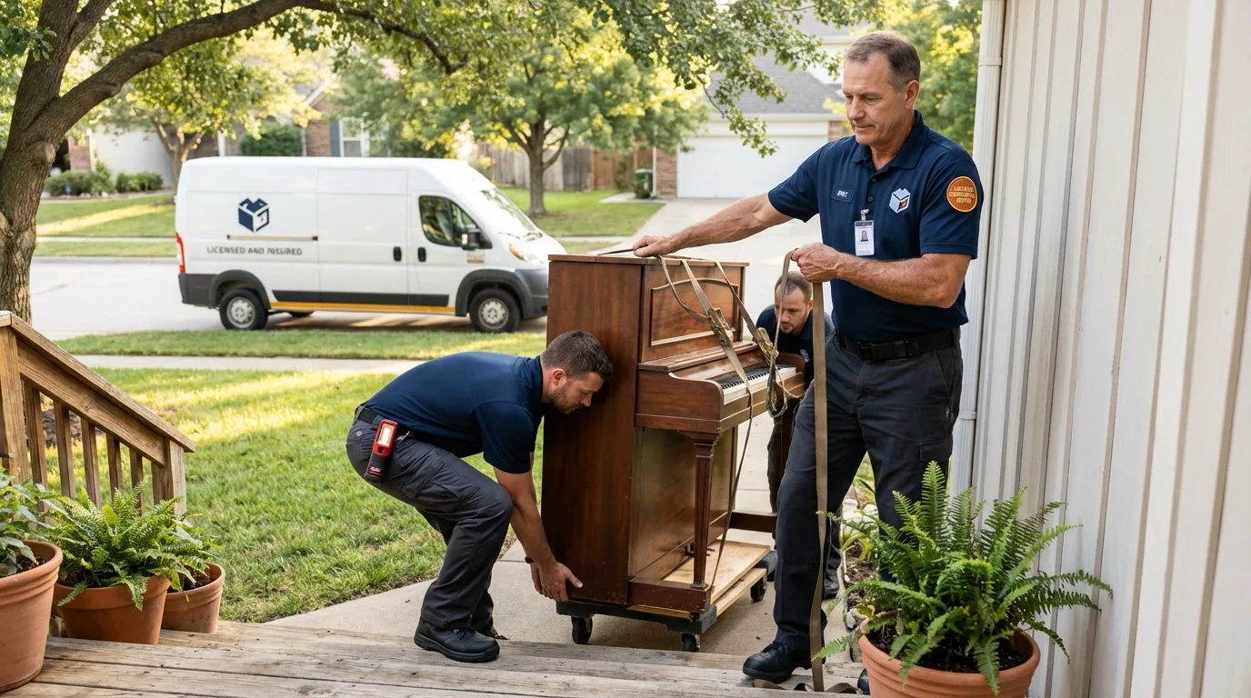 Licensed piano movers securing grand piano in Frankston, TX